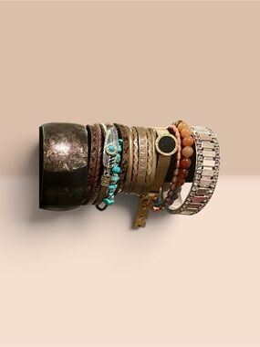 Bohemian Stacked Bracelet Set Turquoise Leather Feather Crystal Statement Cuff